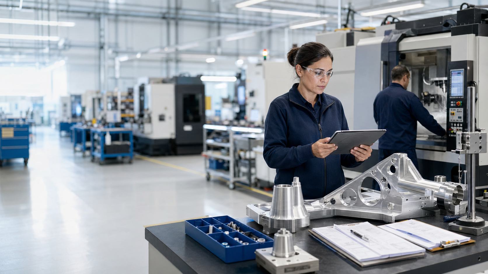 Aerospace quality manager reviewing production records on a precision manufacturing floor