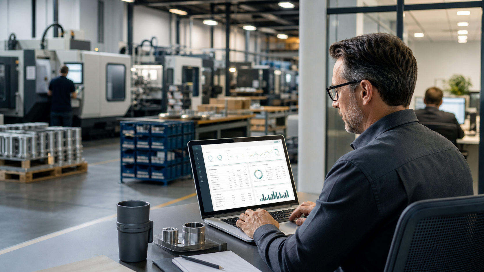 Manufacturing leader reviewing inventory and purchasing software